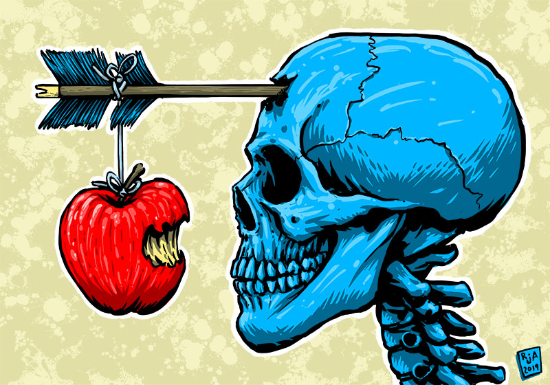 Skull with apple on head pierced by arrow